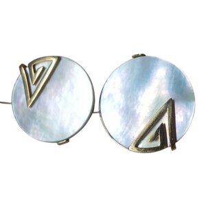 Vintage Gold Tone & Mother Of Pearl Round Cufflinks With Geometric Design #J-4